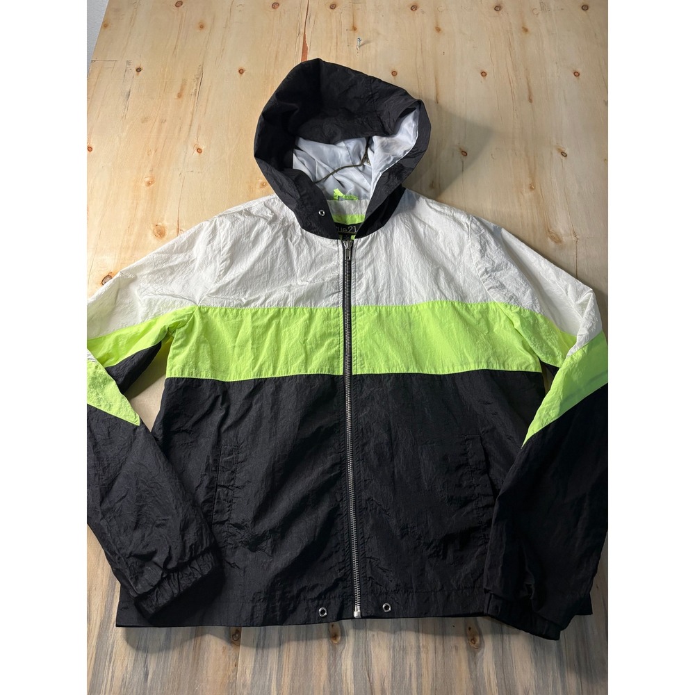 Rue21 Mens Windbreaker Jacket Small Black White Neon Green Good Vibes Only Hoode